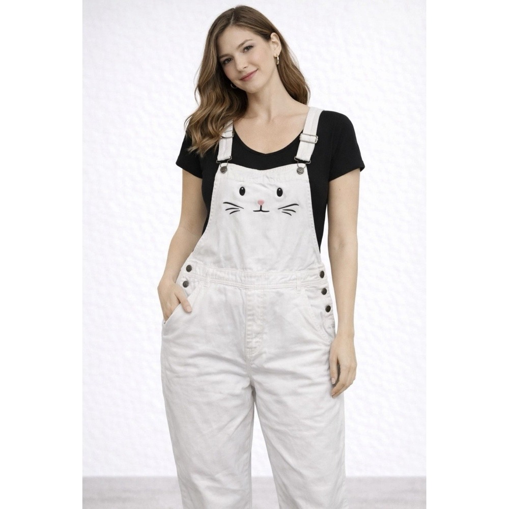 Agapo Large L White Cat Overalls Cropped Crazy Cat Lady Cat Lover Cats